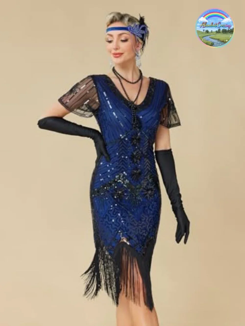 1920s Flapper Dress Sequin Beaded Mesh Sleeve V-Neck Gatsby Costume Set
